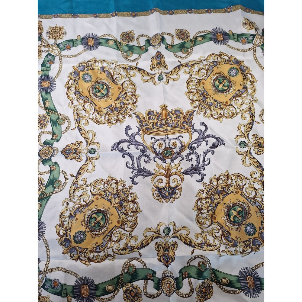 Vintage 100% Silk Square Scarf Teal Gold Crown Fleur-de-Lis Baroque 30x30 - Picture 2 of 7